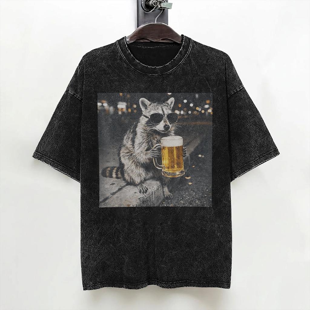 Waschbär trinkt Bier Lustiges Meme T-Shirts Gewaschenes Kurzarm-T-Shirts Mode für Männer Frauen Streetwear Grafikbedruckte T-Shirts