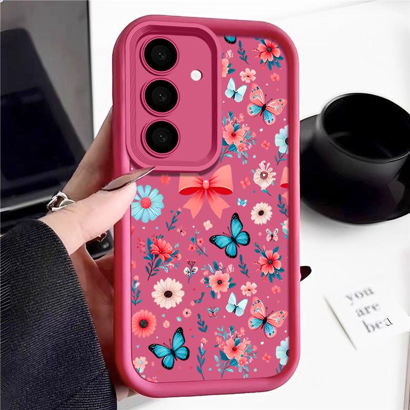Butterfly Floral Pattern Anti-Fall Case For Samsung S25 Ultra S24 FE S23 S22 A56 A36 A26 A16 A15 A35 Matte Shockproof TPU Soft Phone Cover