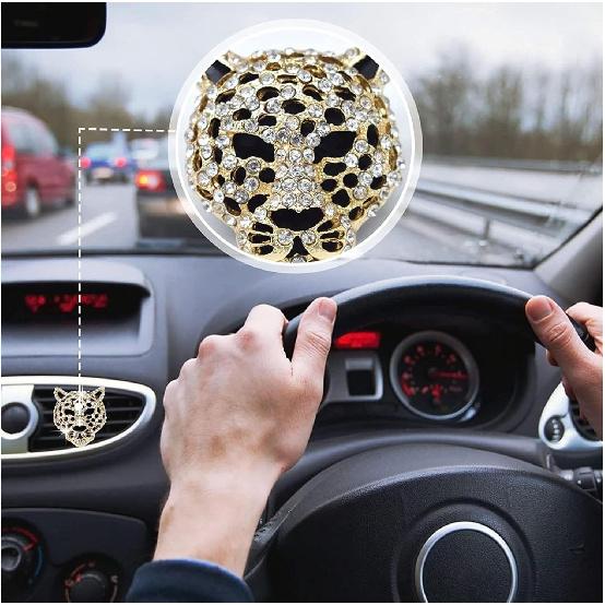 2PCs Golden Bling Leopard Air Freshener Vent Clip Rhinestone Car Decoration Interiors Accessory