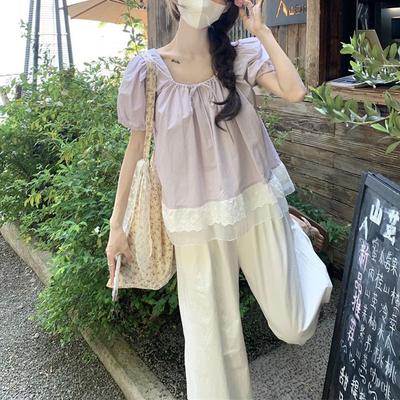 Süße Puffärmel Lockere Bluse Damenbekleidung Mode Spitze Gespleißt Sommer Französischer Stil Quadratischer Ausschnitt Kordelzug Freizeithemden