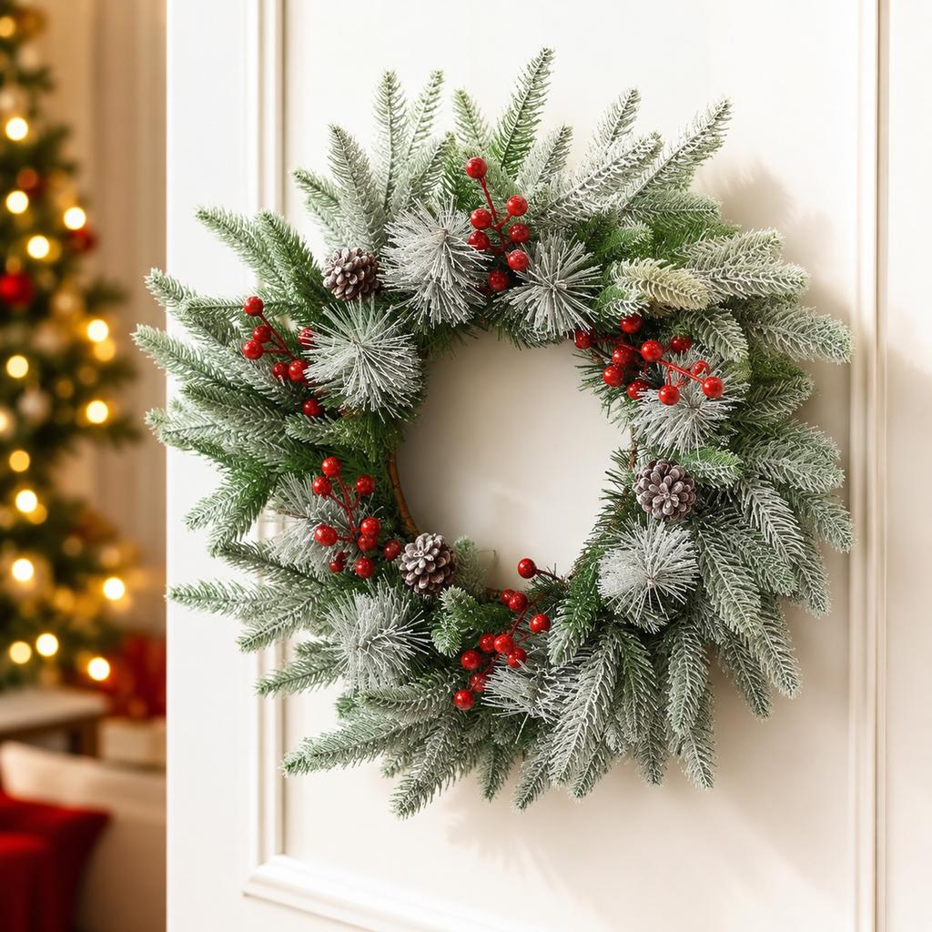 Christmas Wreath with Cedar and Red Berries - Door Hanging Holiday Decor for Home, Mall and Scene Setting