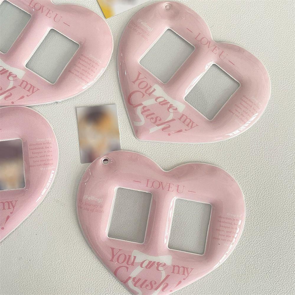 Portable Pink Card Case Heart-shaped Double-Grid Photos Protective Cover Bag Pendant Keychain Photo Card Holder