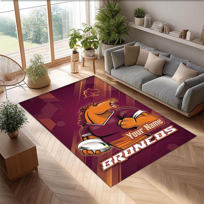 Brisbane Broncos Crystal Velvet Rug, Custom Name Text Personalized Non‑Slip Floor Mat for Home Decor Gift