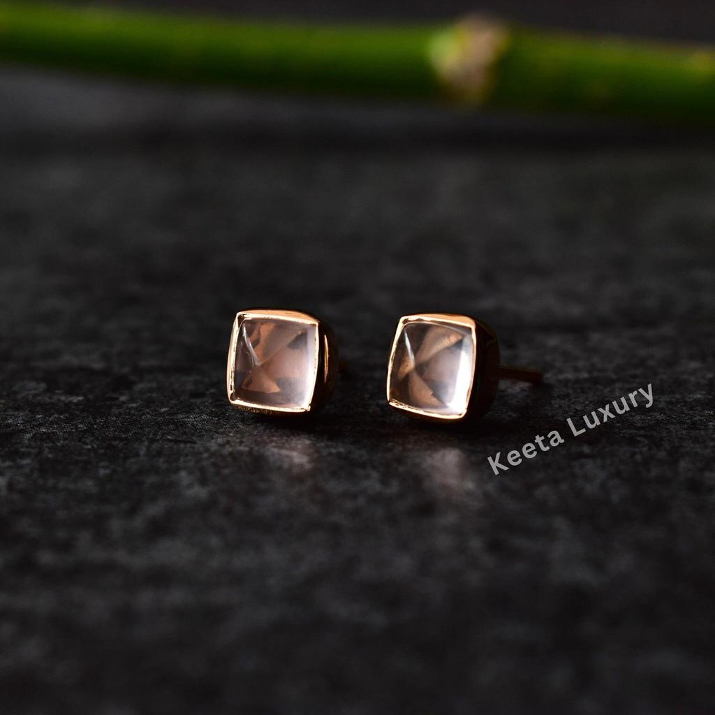Natural Rose Quartz Studs,  Sterling Silver Pink Rose Quartz Sugar Loaf Stud Earrings, Quartz Studs, Bridesmaid Studs , Rose Quartz Jewelry