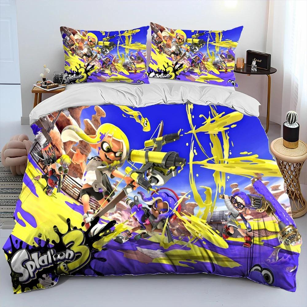 Anime-Themed Splatoon Design Bedding, 3D Digital Print, All-Season Polyester Quilt Cover & 1/2 Pillowcases