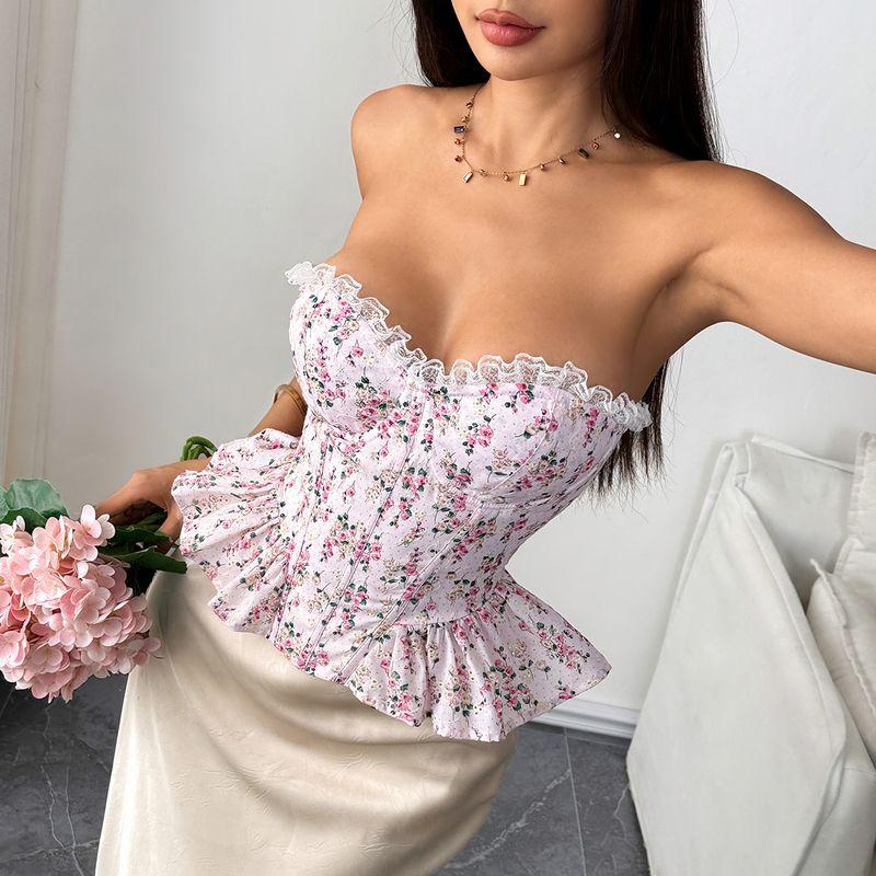 

Милый цветочный пэчворк, кружево, стальное кольцо, косточки, плиссированная оборка, облегающий талию кружевной топ-труба Pink S