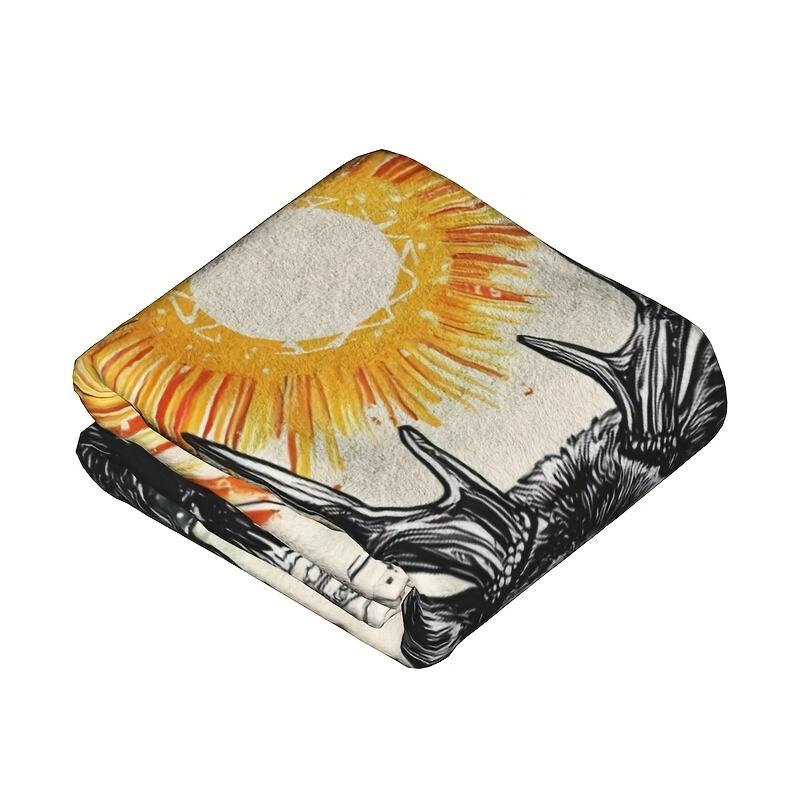 Mystical Sun on Antlers Flannel Blanket –Vintage-Inspired Reversible Throw with Deer Silhouette & Cosmic Design,Polyester Warmth