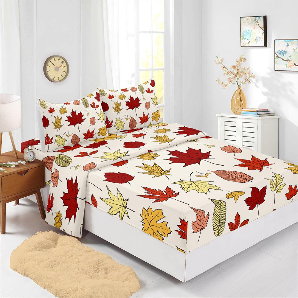 Four-Piece Mattress Set Autumn Deciduous Maple Leaf 3D Digital Printing Kit Mattress Protective Cover