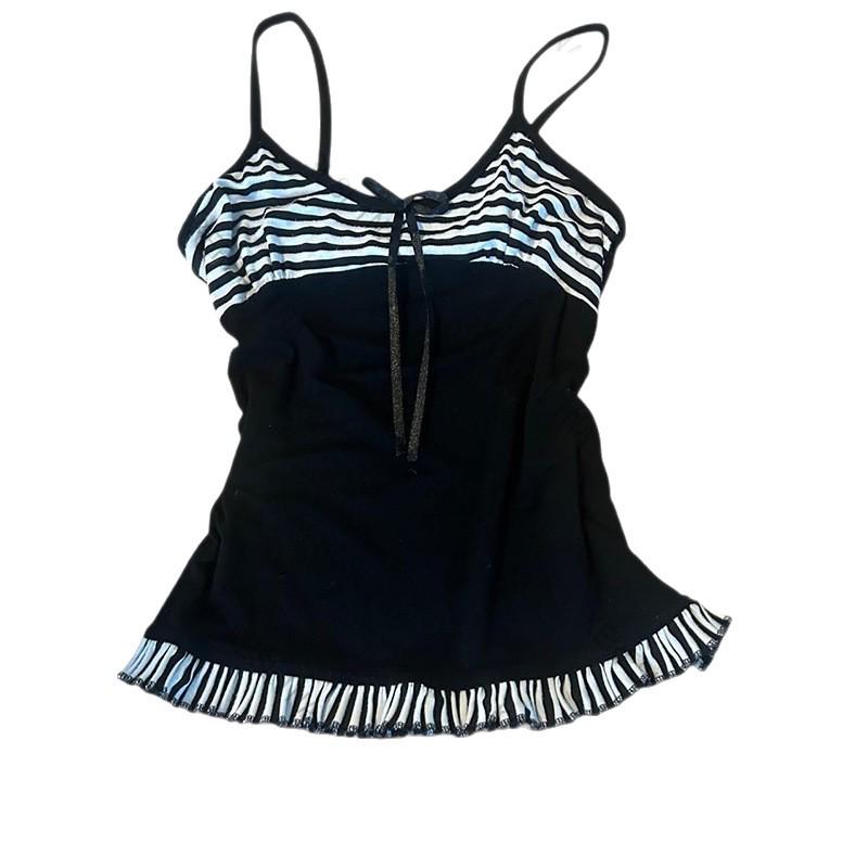 Y2K European and American Striped Bow Vest with Ruffle Trim - Fresh, Elegant, and Cute Fashion Style