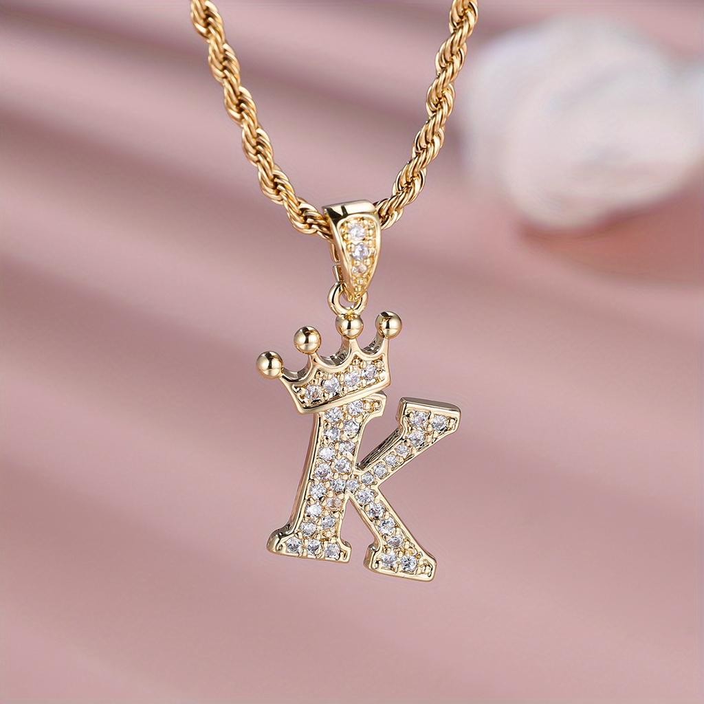 1 Pc Golden Color 26 English Letter Princess Crown Necklace Pendant Wedding Band Jewelry Valentine's Day Gift