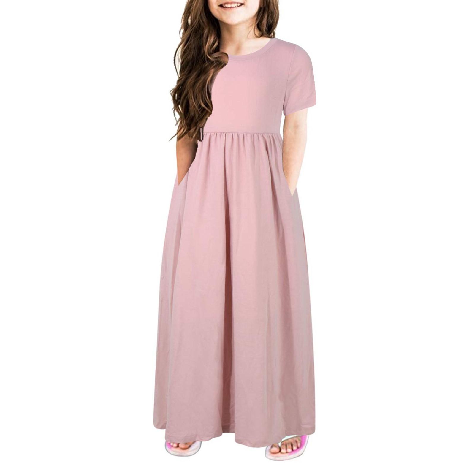 

Летнее платье для девочек с круглым вырезом, короткими рукавами и карманами, длинной юбкой S розовый