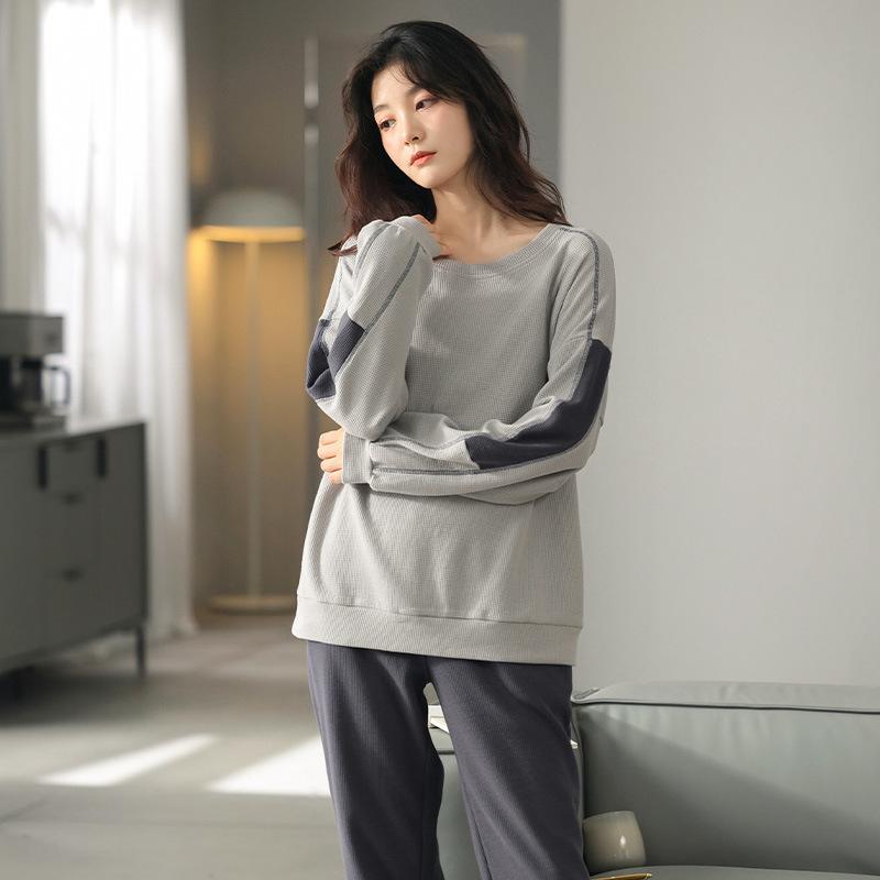 Gray Antibacterial Pajamas Women's Spring and Autumn Summer Pure Cotton Waffle Korean Thin Long-sleeved Loungewear Large Size Set