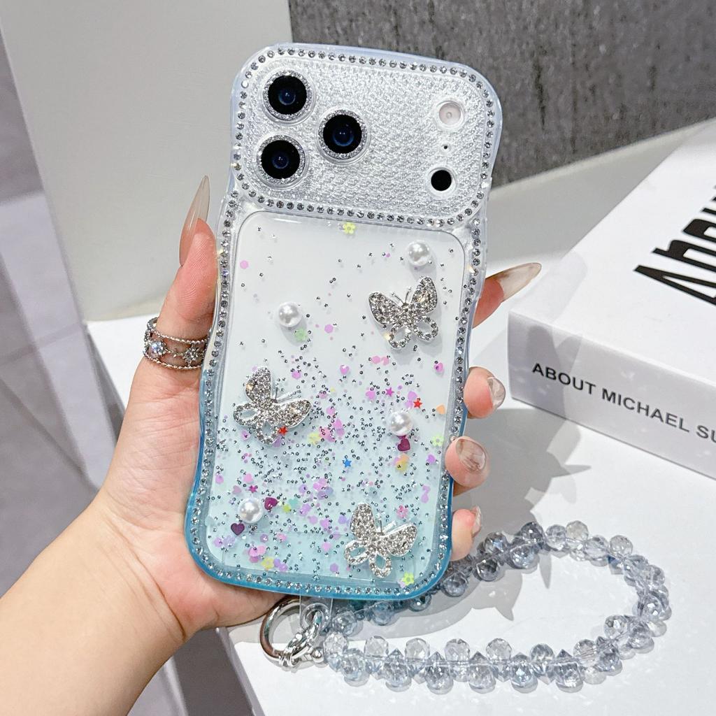 Star diamond Epoxy is suitable for Apple 15PROMAX mobile phone case love glitter with pearl rhinestone butterfly 14Pro.