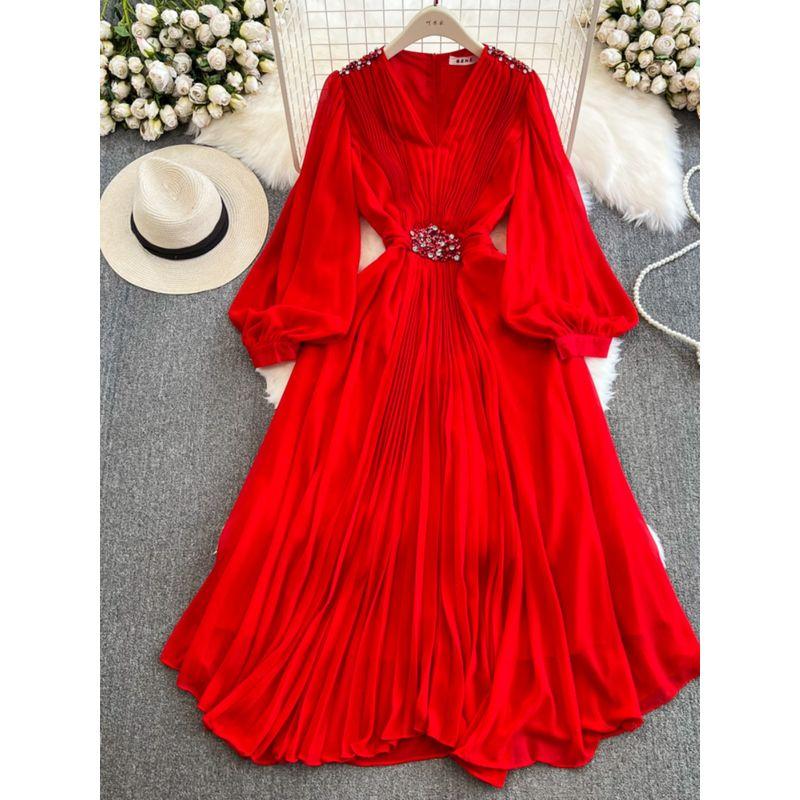 Lantern Long Sleeve Chiffon Dress Elegance Large Swing Trip Shoot