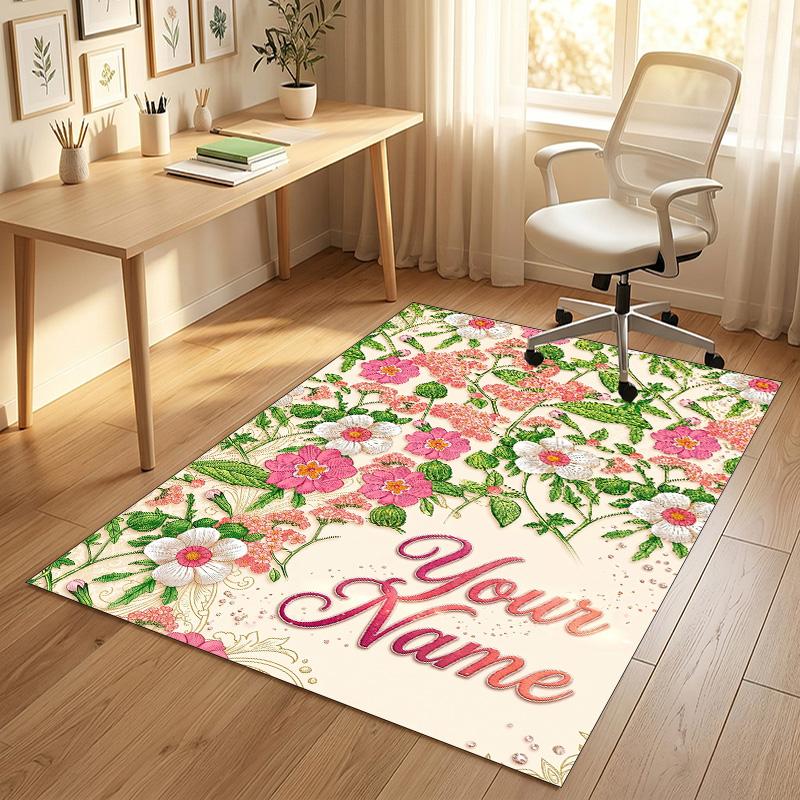 Floral Elegance Theme Soft Crystal Velvet Rug Custom Name & Text Print Non Slip Floor Rug for Bedroom Living Room