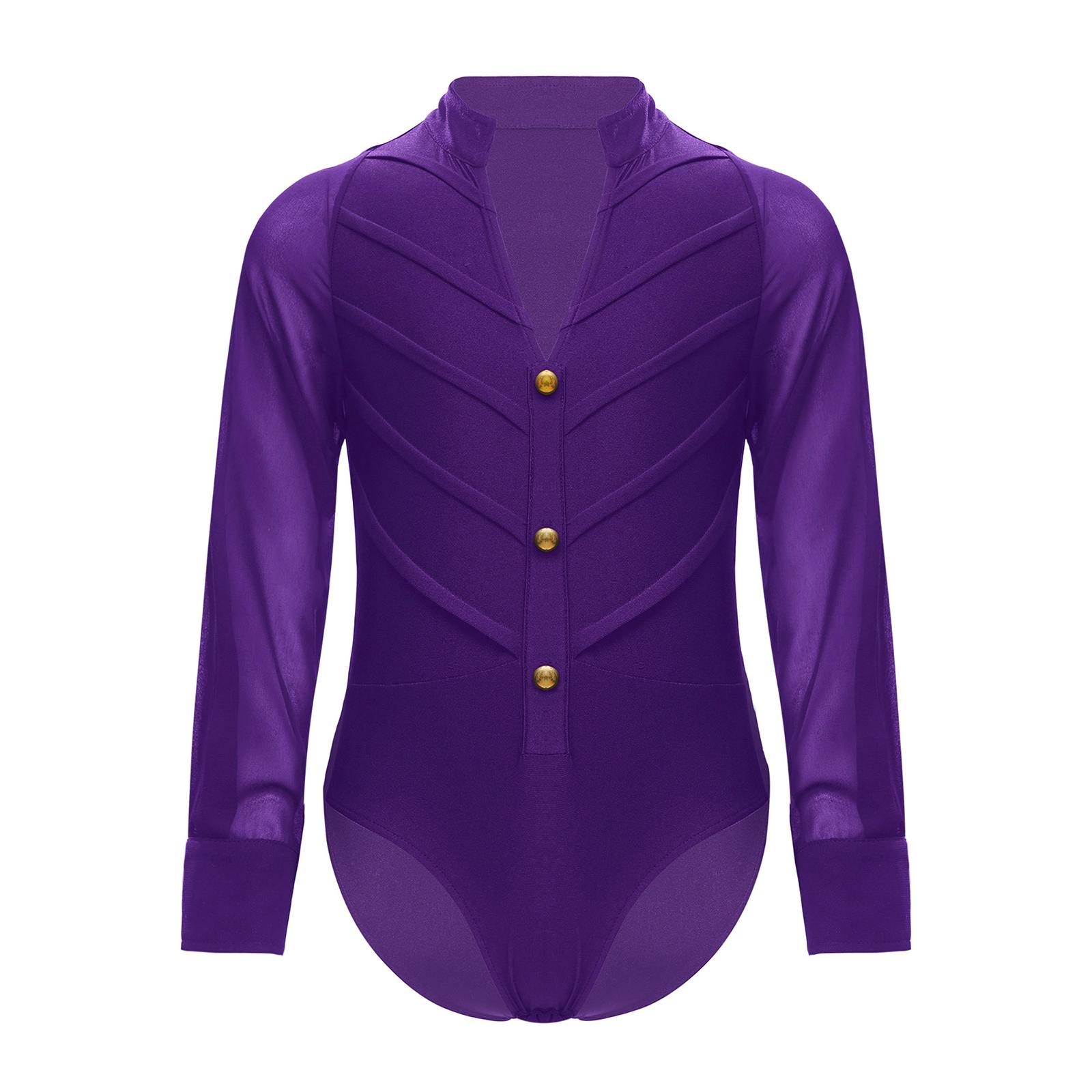 

Боди для латинских танцев для мальчиков с длинным рукавом и воротником-стойкой, купальник для бальных вечеринок, соревнований, выступлений на сцене 5-6 Years фиолетовый