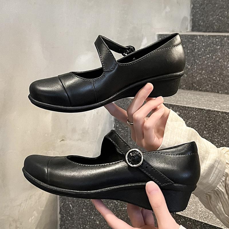 Loafers single shoes women's buckle wedge sandals thick sole heightening temperament black small leather shoes mother work shoes high heel