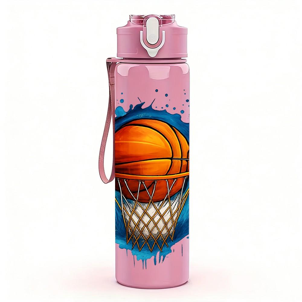 1PC Splash Basketball Hoop Print 750ml Color Plastic Sports Water Bottle Leakproof Flip Straw Lid Suitable for Sports Office Home Use