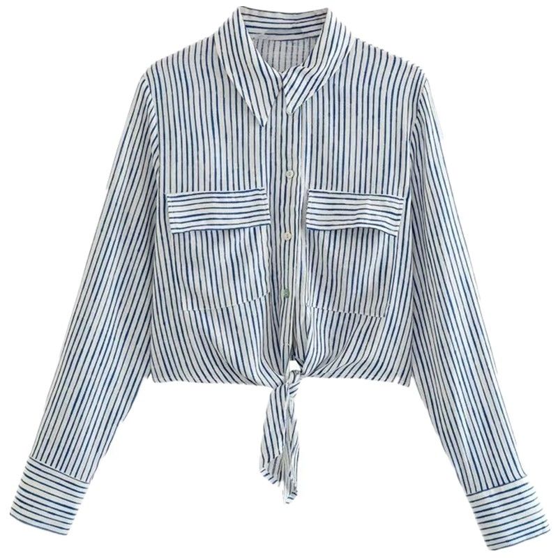 

Модный стиль Лето Новое поступление Модная трендовая женская одежда Легче всего сочетать Длинные рукава Воротник поло Полосатая рубашка 7735518 044 Picture color M