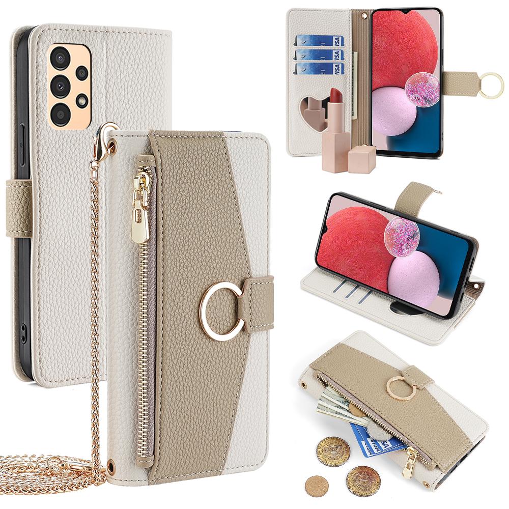 

For Samsung Galaxy A13 4G Case Zipper Pocket Phone Guard Cover with Makeup Mirror White