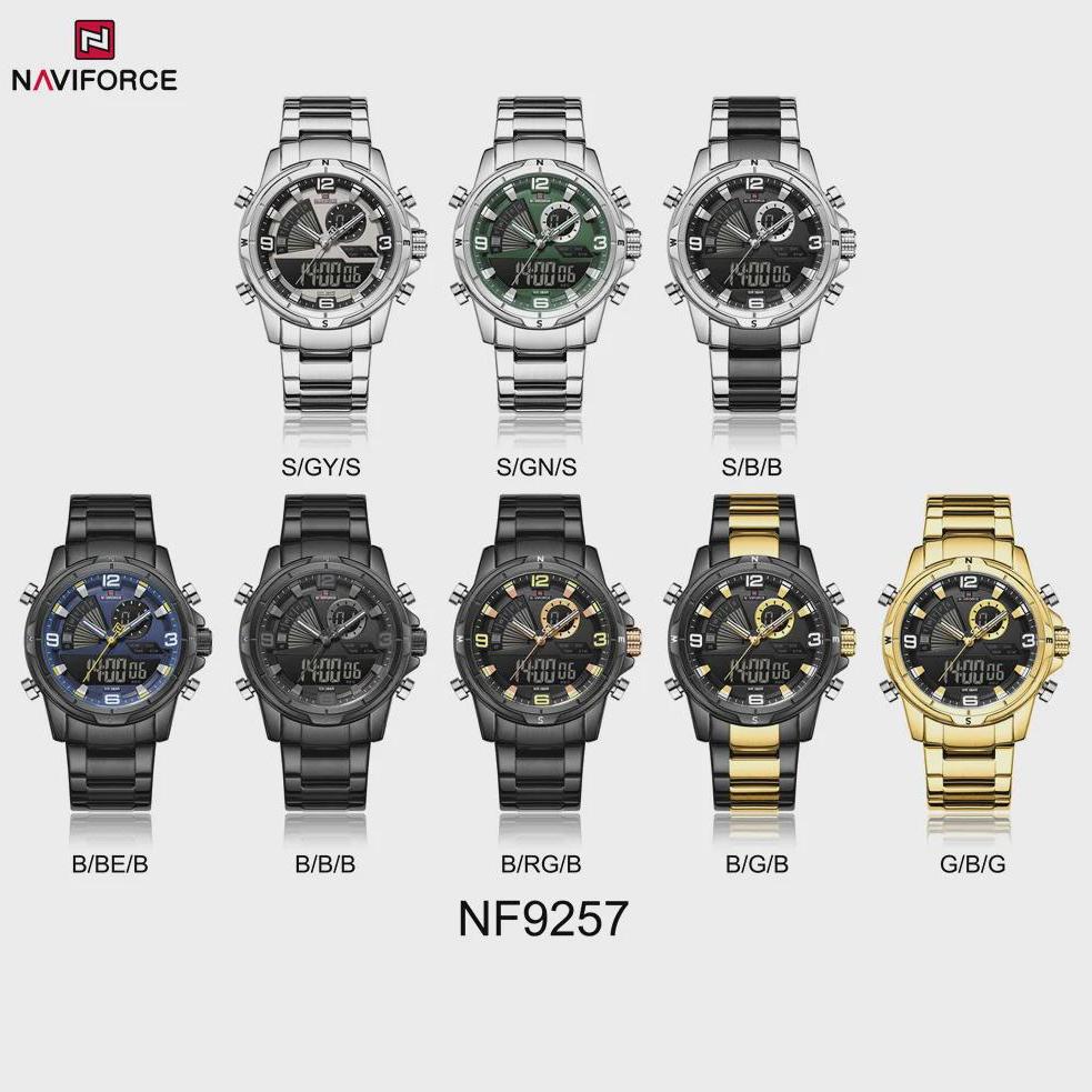 Mens Multifunctional Double-Display Watches Date Stainless Steel Watchband LED Luminous Mode Waterproof Wrist Watch