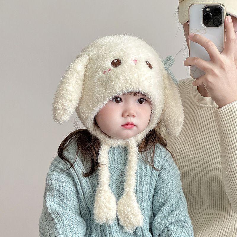 Warm Fleece Rabbit Ear Knitted Hat For Children Autumn Winter Unisex Baby Cute Little Girl Princess Style Windproof Ear Protetio