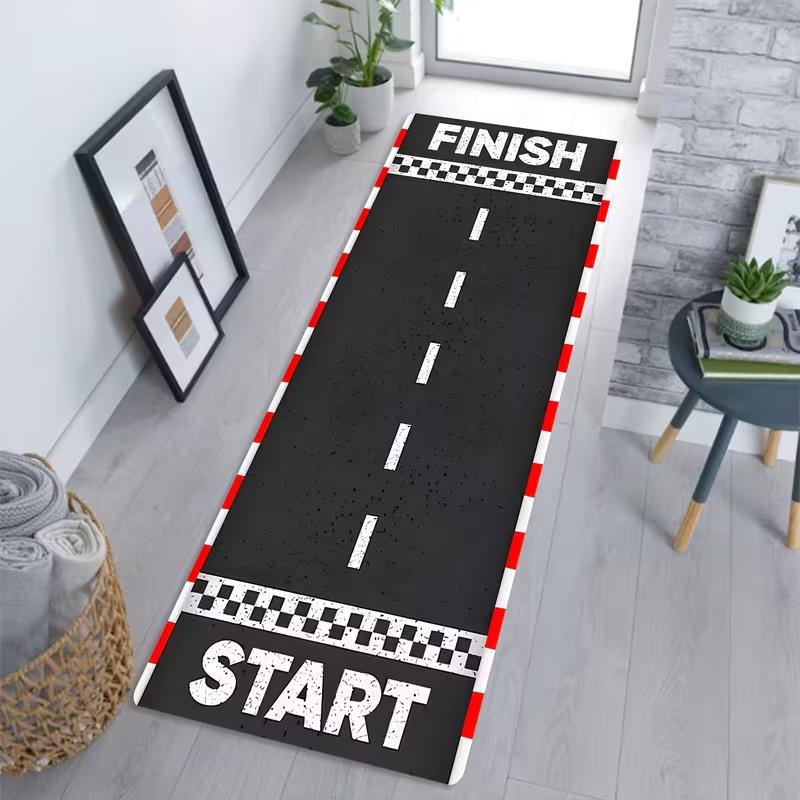 Red White Trim Race Track Start Finish Long Runner Rug Non Slip Hallway Entryway Carpet Wear Resistant Kids Playroom Decor Mat
