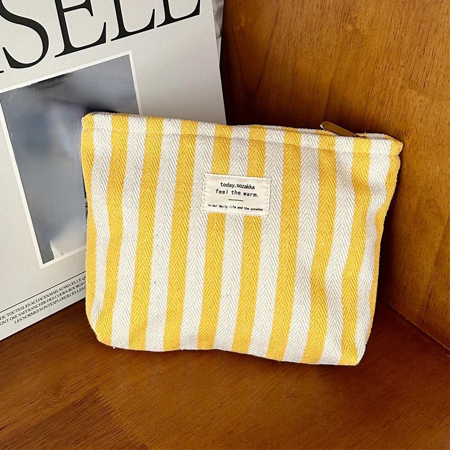 Retro Stripe Cosmetic Bag for Women Portable Canvas Travel Toiletries Storage Bags Female Makeup Case Clutch Purse Handbags