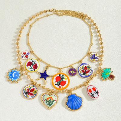 Metal Chain Enamel Floral Necklace Gold Layered Multi Layer Choker Personalized Heart Bohemian Collarbone Chain Spring/Summer