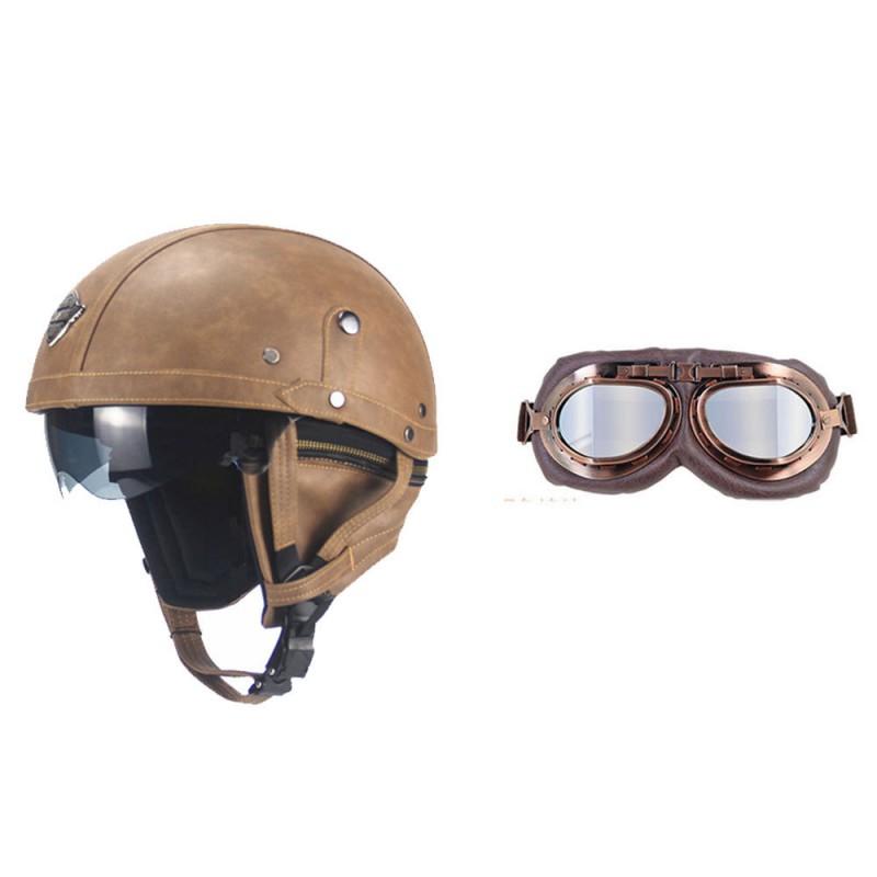 Retro Open Face Motorcycle Helmet Leather Cruiser Scooter Adult