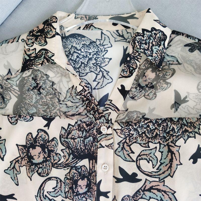 Mulberry Silk Shirt Chinese Ink Painting Print Silk Tops Summer Women's Loose Short-Sleeved Shirt Vintage Floral Tops
