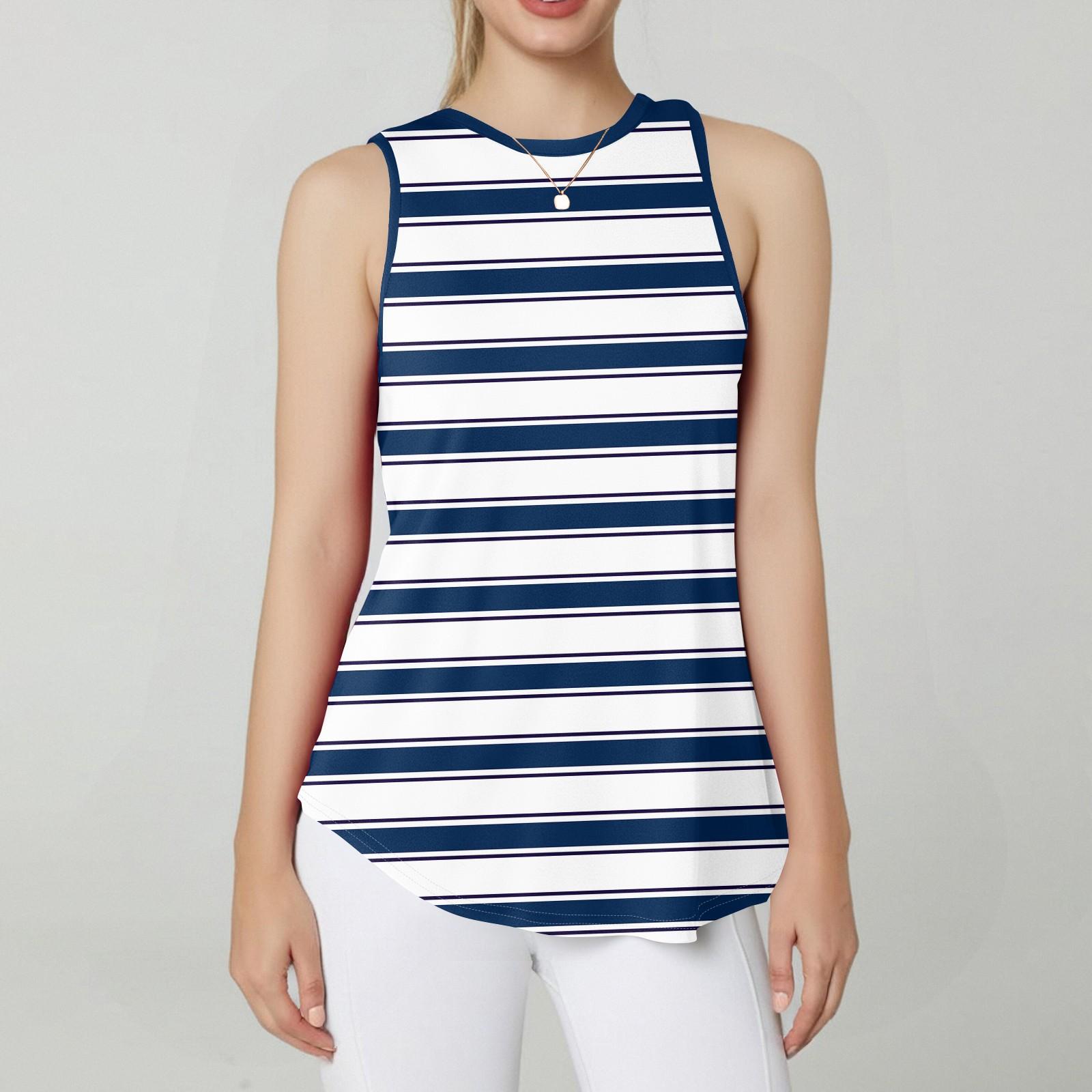 

Женский круглый вырез горловины полосатый принт жилет универсальный свободный подол без рукавов футболка топ XXL тёмно-синий