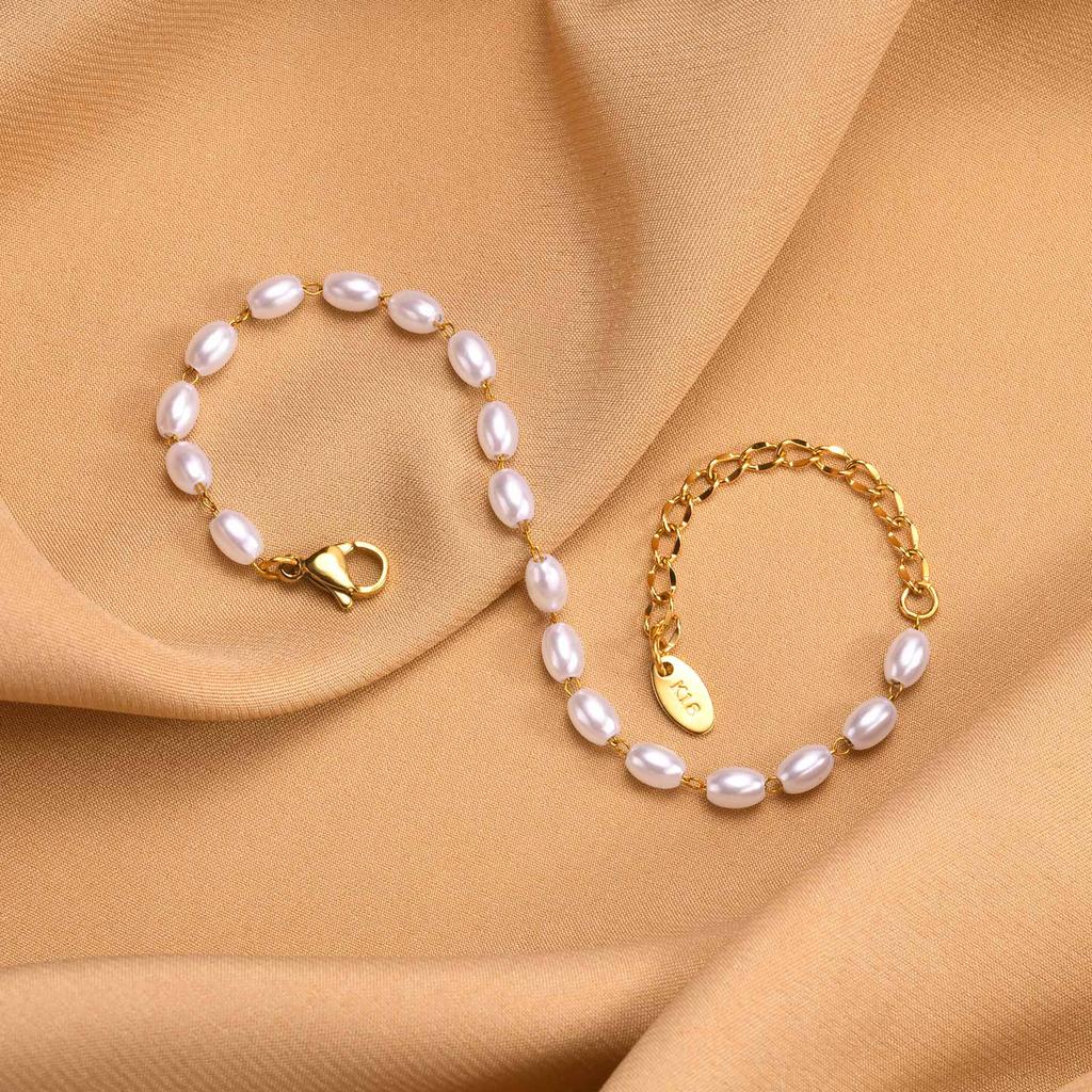 Bracelet Perle Plaqué Or 18k, Chaîne Acier Inoxydable Réglable Cadeau d'Amitié pour Femmes