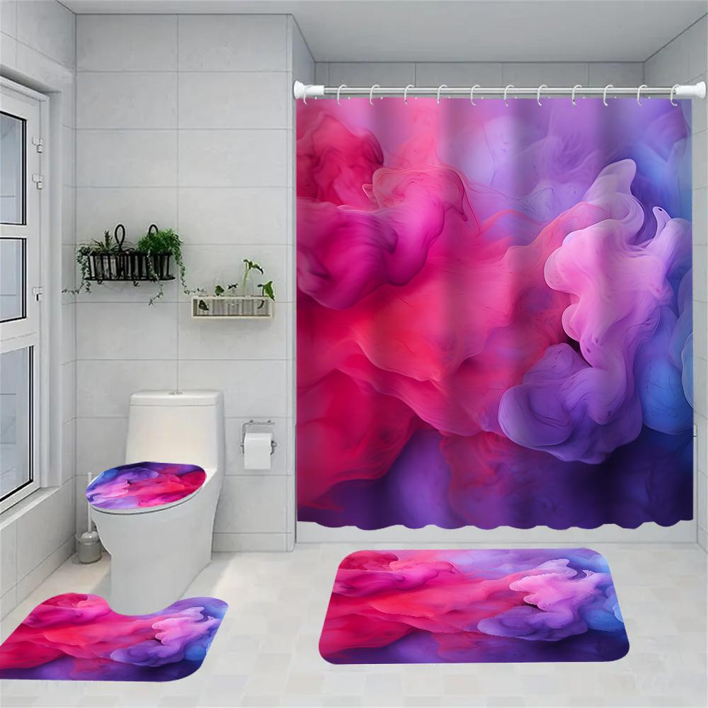1/4 Pink Geometry Circle shower Curtains, Toilet Seat Decoration, Shower Curtain with Carpet and Toilet Lid, 12 70.8x70.8 inch H