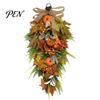 Festive Holiday Party Supplies Artificia Fall Teardrop Swag, Autumn Harvest Sunflowers Pumpkins Leaves Berries Door Artificial Pine Needle Swag