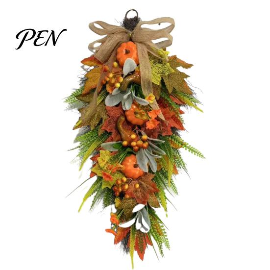 Festive Holiday Party Supplies Artificia Fall Teardrop Swag, Autumn Harvest Sunflowers Pumpkins Leaves Berries Door Artificial Pine Needle Swag