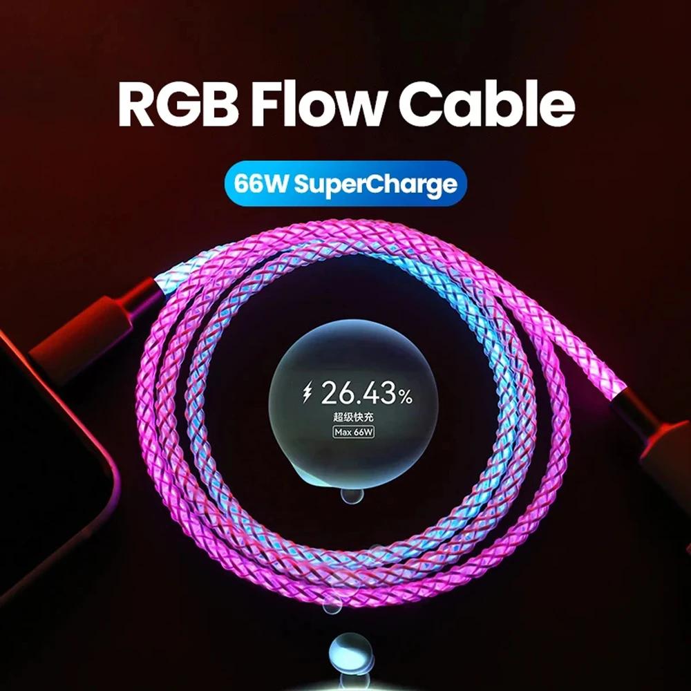 Cablu USB C cu Încărcare Rapidă 6A, Lumină LED RGB, PD 66W, Luminos cu Respirație Gradient, Cablu de Date pentru iPhone 15 16 Pro Samsung 1m