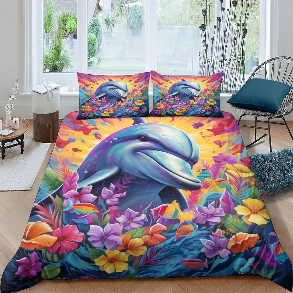 3D Printed Premium Oil Painting Dolphin Duvet Bedding Set, Children's Adult Bedding Set, Zipper with Pillowcase Bed Set, Double