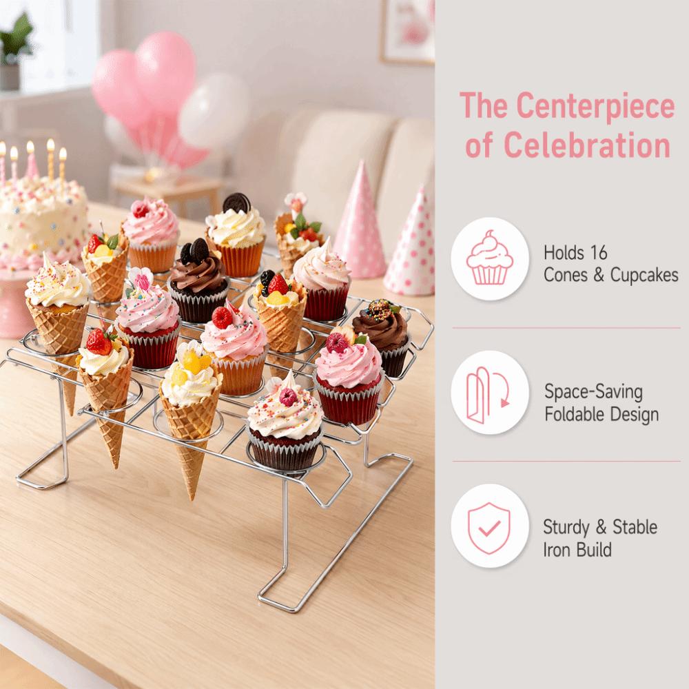 Stainless Steel Ice Cream Cone Holder Foldable Design Cupcake Display Stand Baking Use