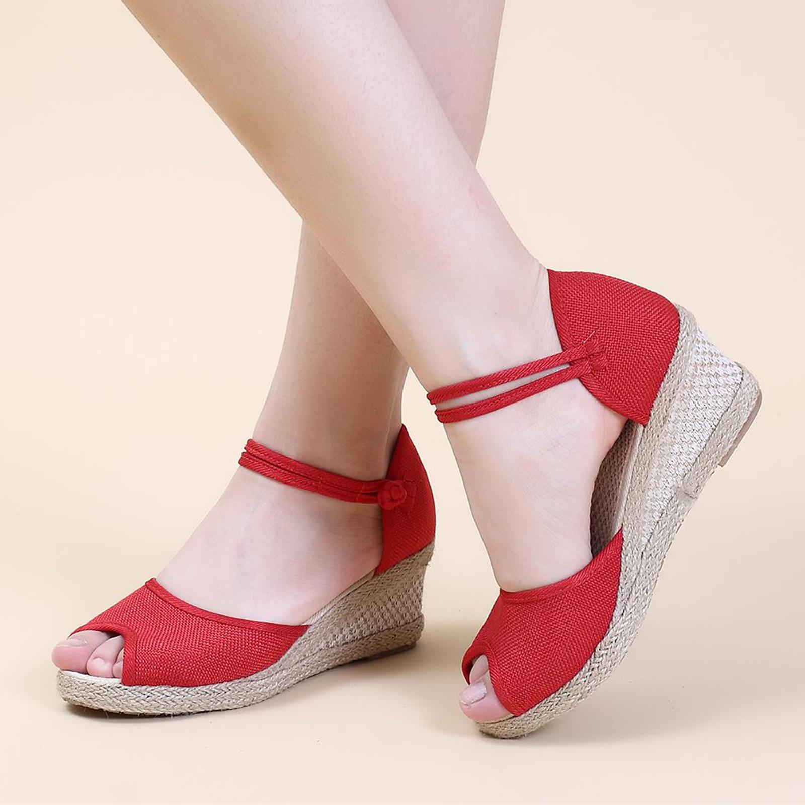 

Женские сандалии на танкетке, удобная повседневная обувь с открытым носком и плетением из пеньковой веревки 37 красный