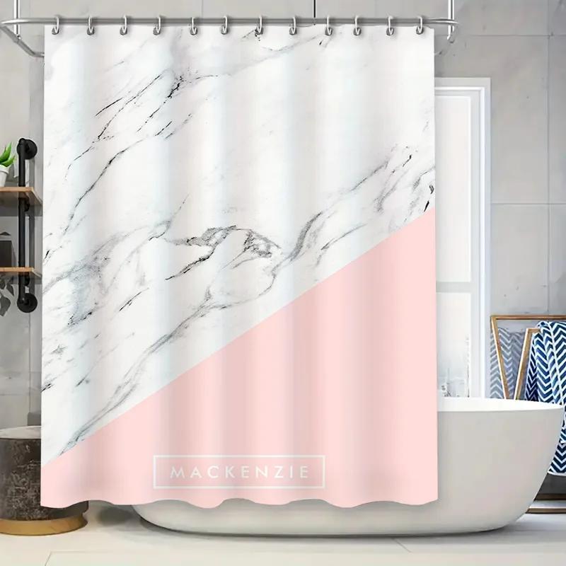 

Modern Marble Shower Curtain With Custom Name White Pink Elegant Decor For Your Bath Mackenzie Gift Idea For Her W60H190(CM)-1 Pcs