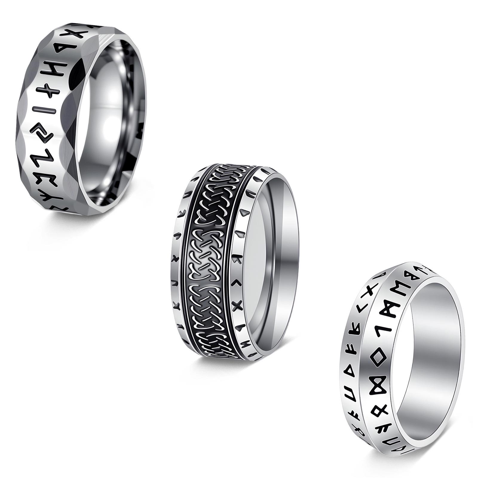 Nordic Viking Rune Titanium Steel Ring Set - Three-Piece Collection Size 10