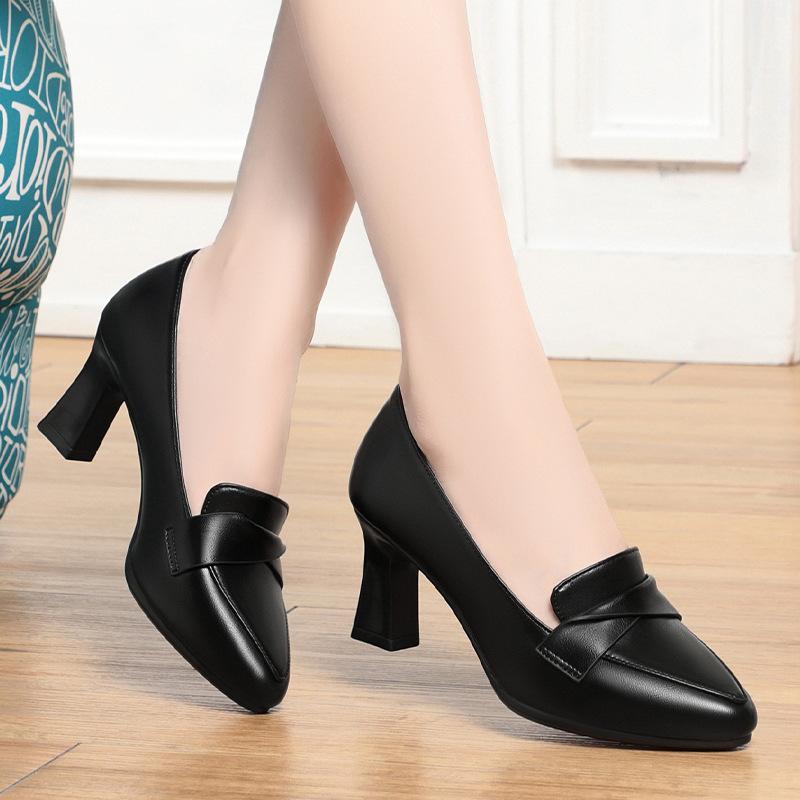 5.5cm 7cm Elegant Office Ladies Soft Leather Shoes Shallow Mouth Heeled Shoes Spring 2025 Trend Med Block Heels Shoes for Work