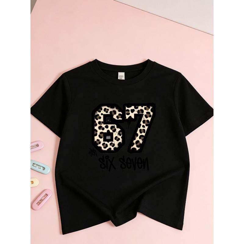 Kids Summer Crewneck T-Shirt, Leopard Print Number 67 Graphic Trendy Fashion Short Sleeve Tee