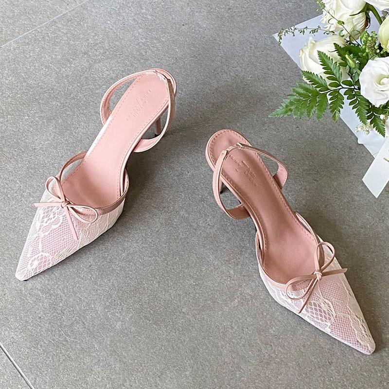 Fashion Mesh Fashion Pointed Toe Ladies High Heels Sandals Shoes Female Breathable Footwear Women Heeled Sandals Shoes Pumps Pink