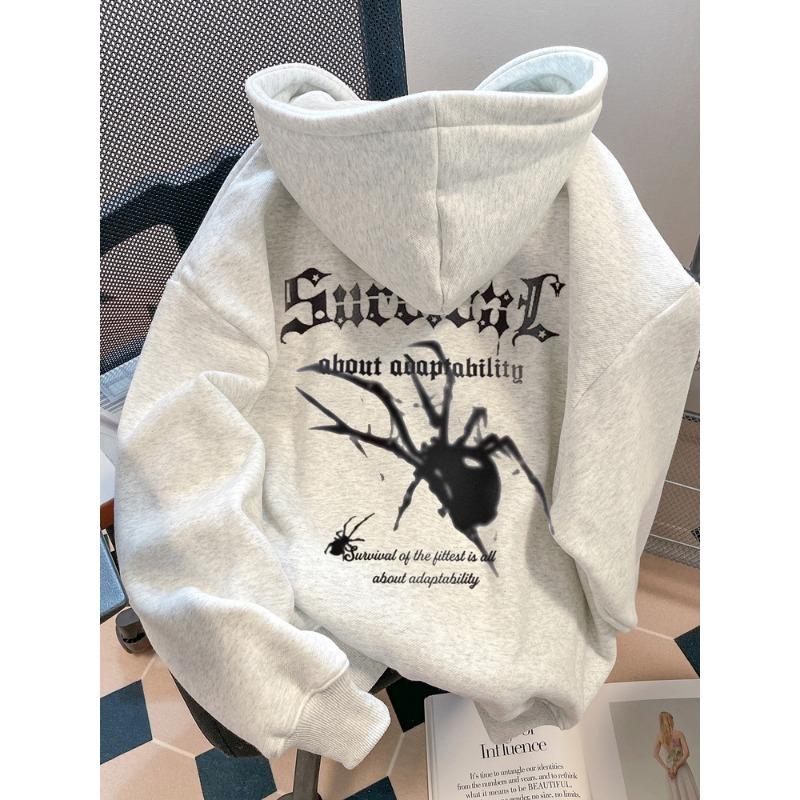 Retro Hiphop Spider Print Men Women Hooded Sweatshirt Autumn Winter Daily Outdoor Vacation Fitness Casual Loose Warm Sportswear
