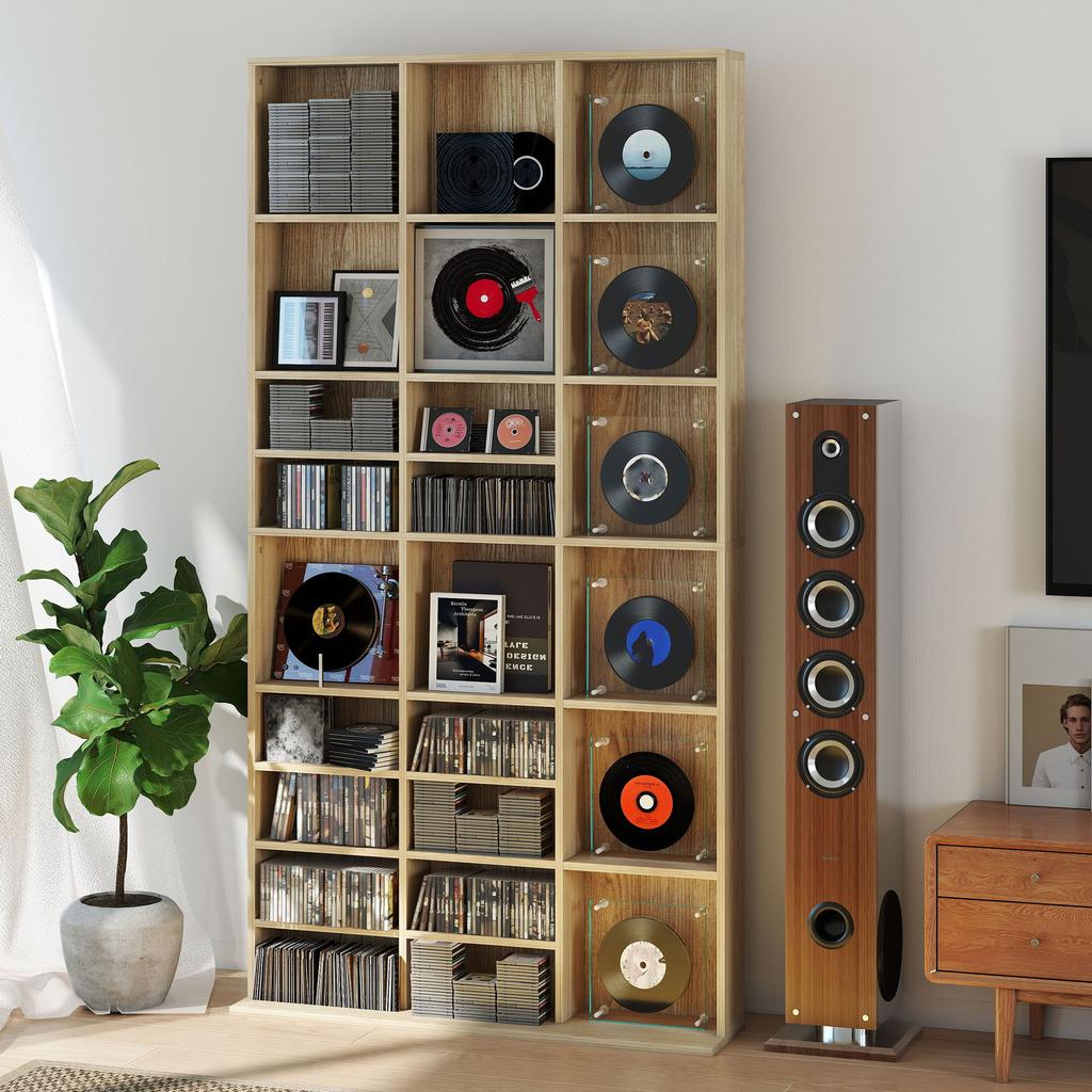 Meuble de rangement pour CD avec étagères réglables, 102 x 195 cm, Ton chêne