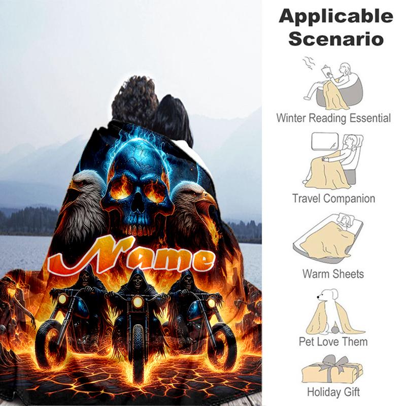 1PC Custom Name Eagle Motorcycle Inferno outdooor Flannel blankets Throw Blanket All-Season Throw Gift Bedspread for Couch, Bed, Camping Holiday Birth