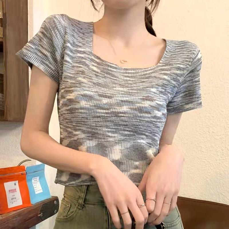 Sommer Neu Koreanischer Stil Schlichte Mode Regenbogenfarben Weich Wachsartig Quadratischer Kragen Kurzärmliger Pullover Damen T-Shirt Top