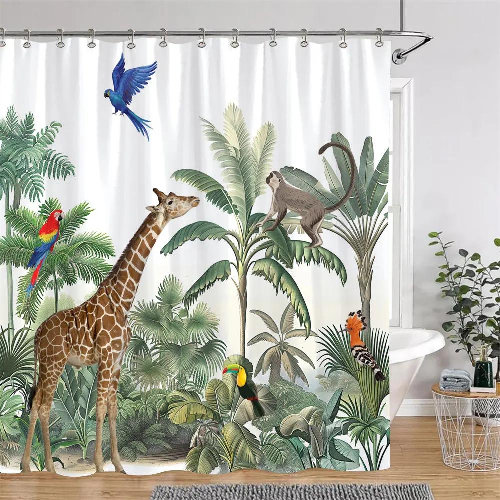 Tropical Botanical Jungle Animal Shower Curtain Coconut Flamingo Giraffe Bluebird Polyester Fabric Shower Curtain Bathroom Decor